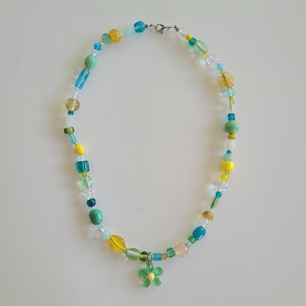 Glass Beaded Necklace With Green Flower Charm